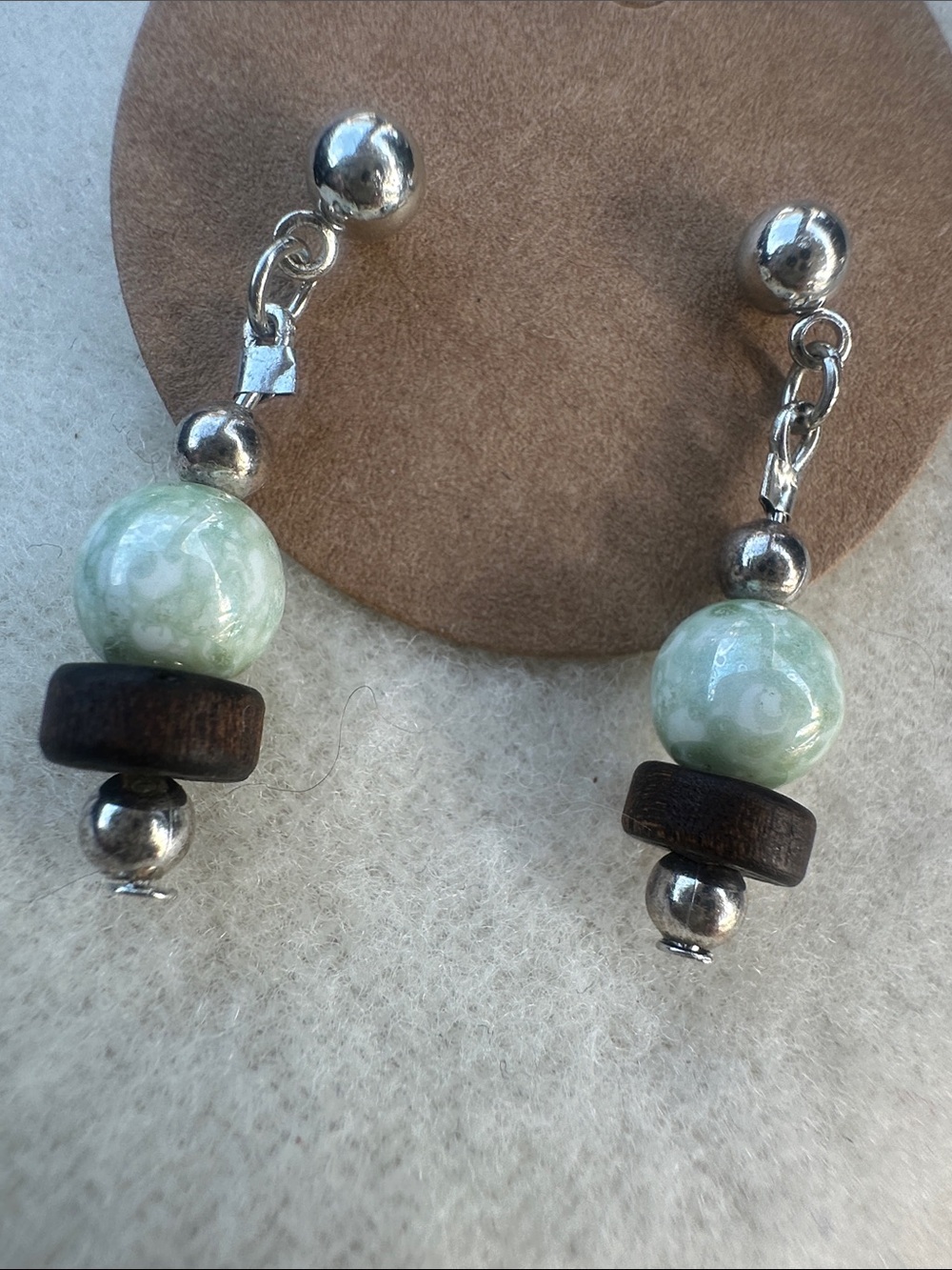 Handcrafted Green Bead & Wood Drop Earrings